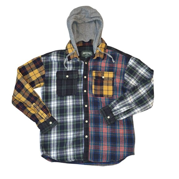 Flannel Plaid Multi Patch Shacket Shirt American Eagle Outfitter Size Medium - Picture 2 of 16